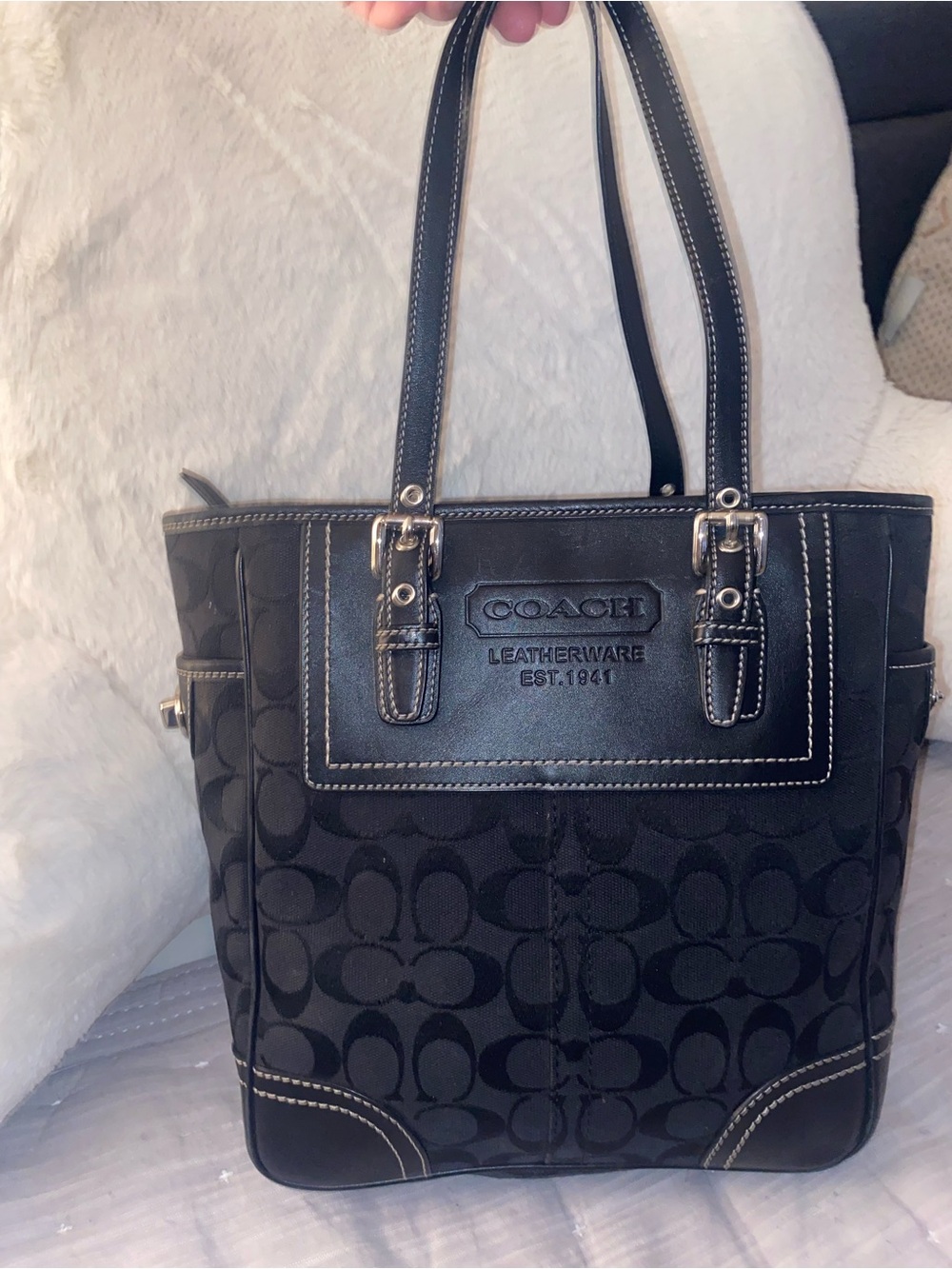 Coach Black Signature Jacquard Leather Trim Tote